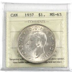 1937 Silver $1.00 ICCS certified MS-63. First year of George the 6th. This is a nice soft white coin