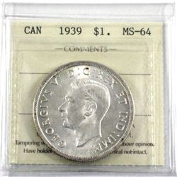 1939 Silver $1.00 ICCS certified MS-64. A near blast white coin with exceptional eye appeal