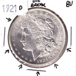 1921-D United States Morgan Silver $1 in Brilliant Uncirculated Condition. Impressive Die break arou