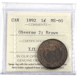 1892 Canada 1-cent Obverse 2 ICCS Certified Obverse 2 ICCS Certified MS-60 Brown.