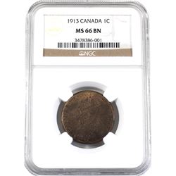 1-cent 1913 NGC Certified MS-66 Brown. A high grade coin with traces of Mint red throughout.
