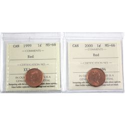 1999 & 2000 Canada 1-cent ICCS Certified MS-66 Red. 2pcs
