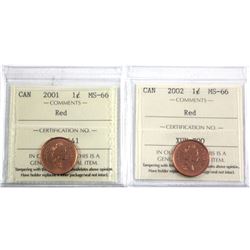 2001 & 2002 Canada 1-cent ICCS Certified MS-66 Red. 2pcs