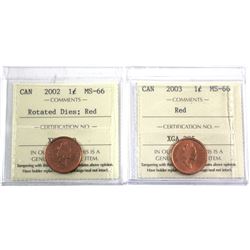 2002 Rotated Dies & 2003 Old Effigy Canada 1-cent ICCS Certified MS-66. 2pcs