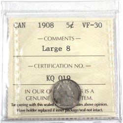 1908 Canada Large 8 ICCS Certified VF-30.