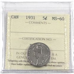 1931 Canada 5-cent ICCS Certified MS-60.