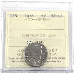 1938 Canada 5-cent ICCS Certified MS-62.