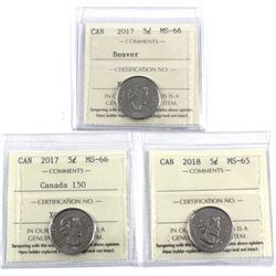2017 Canada 5-cent ICCS Certified MS-66, 2017 Canada 150 5-cent MS-66 & 2018 5-cent MS-65. 3pcs