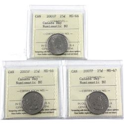 2001, 2005 & 2007 Canada 25-cent Canada Day ICCS Certified Numismatic BU - 2001P MS-66, 2005P MS-66