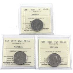 2017, 2019 & 2020 Canada 25-cent ICCS Certified MS-66. 3pcs