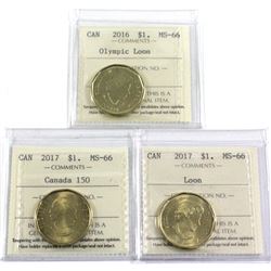 2016 Canada $1 Olympic Loon, 2017 $1 Loon & 2017 $1 Canada 150 ICCS Certified MS-66. 3pcs