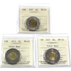 2007, 2015 & 2017 Canada $2 ICCS Certified MS-65. 3pcs