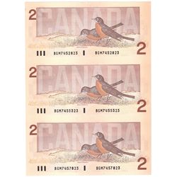 Set of 3 Uncut 1986 $2 BC-55b (two small B's) Theissen-Crow S/N: BGM7452823/7455323/7457823. UNC *Sc