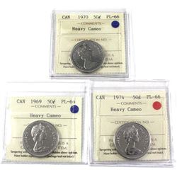 50-cent 1969, 1970, & 1974 ICCS Certified PL-66 Heavy Cameo 3pcs.