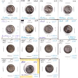 1899 to 1909 United States Buffalo & Liberty 5-cents. 15pcs