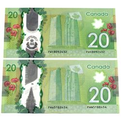 Pair of 2x 2012 $20 Bills BC-71b with FWV & FWW Prefixes. Notes are EF to UNC. 2pcs