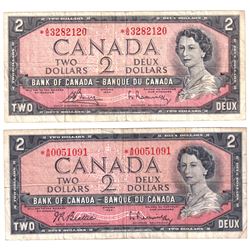 Pair of 1954 Bank of Canada Replacement $2 Modified, Lot includes *A/B0051091 & *A/G3282120. 2pcs