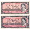 Image 1 : Pair of 1954 Bank of Canada Replacement $2 Modified, Lot includes *A/B0051091 & *A/G3282120.  2pcs