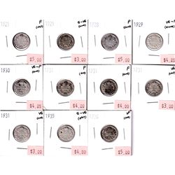 1921-1936 Canada 10-cent G-VG to VF (Coins contain various impairments). 11pcs