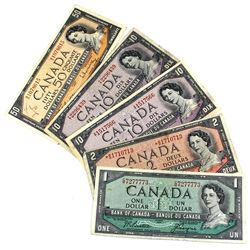 1954 Bank of Canada $1, $2, 2x $10 & $50 Notes All Beattie-Rasminsky Signatures Except the $1 Beatti