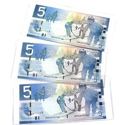Lot of 3x 2006, 2008 & 2010 Bank of Canada Journey Series $5 Notes with 3 & 4 Digit RADAR Serial Num