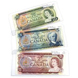 1969-1974 Bank of Canada $2, $5 & $20 Multi-coloured Series Notes with 3 Digit RADAR Serial Numbers