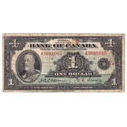1935 BC-1 $1, Bank of Canada, English, A, VG (Damaged).