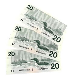 1991 BC-58b-i Bank of Canada $20 Notes Bonin-Theissen Signature with Consecutive Serial Numbers AVB7