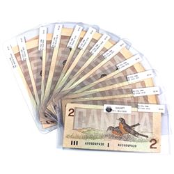 Lot of 1986 Bank of Canada $2 Notes All Different Prefixes - 5x BC-55a, BC-55aA, 3x BC-55b, 2x BC-55