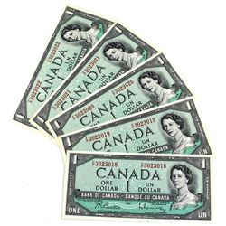 1954 BC-37b-i Bank of Canada $1 Notes Beattie-Rasminsky Signature with Consecutive Serial Numbers F/