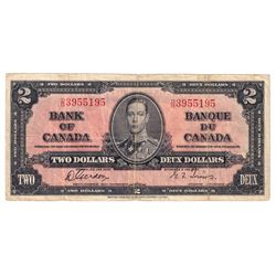 1937 BC-22b $2, Bank of Canada, Gordon-Towers, D/B3955195, Fine (Damaged).
