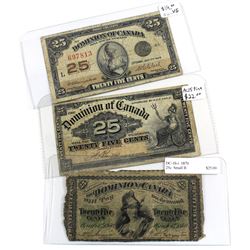 1870, 1900 & 1923 Dominion of Canada 25c Banknotes. You will receive one example of each year printe