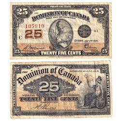 Pair of 25c Dominion of Canada Notes - 1900 DC-15b, Boville, F-VF (Holes) & 1923 DC-24c , McCavour,