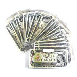 Estate Lot of 1973 Bank of Canada $1 Notes Crow-Bouey Signatures. Notes feature a full prefix run of