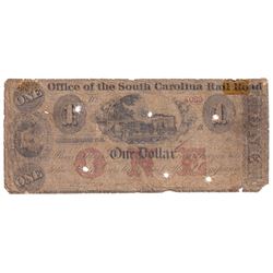 1800's USA Office of the South Carolina Rail Road $1 Obsolete Currency Note, S/N: 4069 (Impaired).