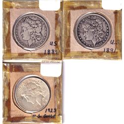 1884, 1891 & 1923 USA Silver Dollars. 3pcs