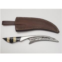 Damascus Full Tang Talon Blade With Carved Alabaster Handle And Stitched Leather Sheath