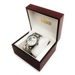 Mens Edison Quicksilver Gloss Finish & Brushed Stainless Steel Link Skeleton Chronograph Watch