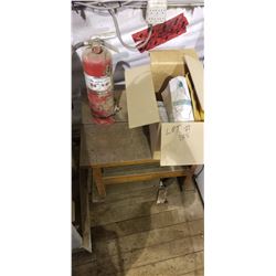 EXTINGUISHER, WOODEN TABLE, BOX OF METAL HALIDE LIGHT BULBS, WORLPOOL SYSTEM 200 FRINDGE,