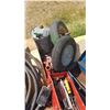Image 1 : ON PALLET OF MMISC TIRES, FLOOR JACK, BANDING MATERIL, TOOLS, 220V SINGLE PHASE X CORD