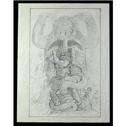 Lot #179 - CONAN THE BARBARIAN (1982) - Hand-Drawn Ron Cobb Conan and Snake Poster Concept Sketch
