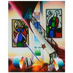 Ferjo, "Red Stairs with Masters" Original Painting on Canvas, Hand Signed with Letter of Authenticit