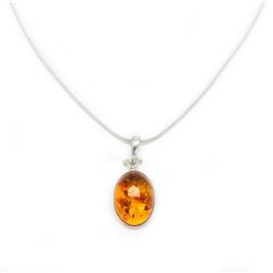 Mounted Baltic Amber 925 Silver Plated Pendant On 925 Silver Plated Snake Link Necklace