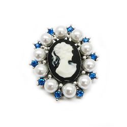 Blue Rhinestone And White Pearl Cameo Broach