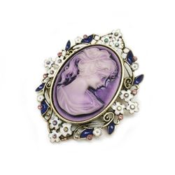 Purple Semi-Precious Floral Cameo Broach Silhouette Of