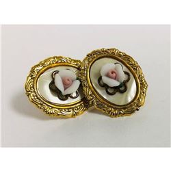 Ladies Vintage Hand Crafted Porcelain Earrings Mounted On Mother Of Pearl, With An 18K Gold Plated B