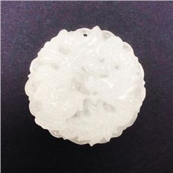 Asian White Jade Carved Peacock Dragon Medallion