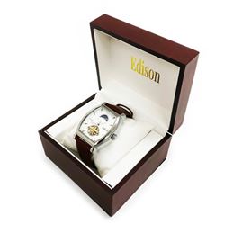 Mens Edison Quicksilver Gloss Finish & Genuine Leather Band Semi-Skeleton Watch