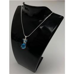Sterling Blue Rhinestone Cat Pendant Paired With Silver 925 Snake Link Necklace