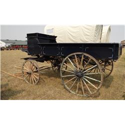 Wagon, single seat, 8' box, wooden wheels, blue